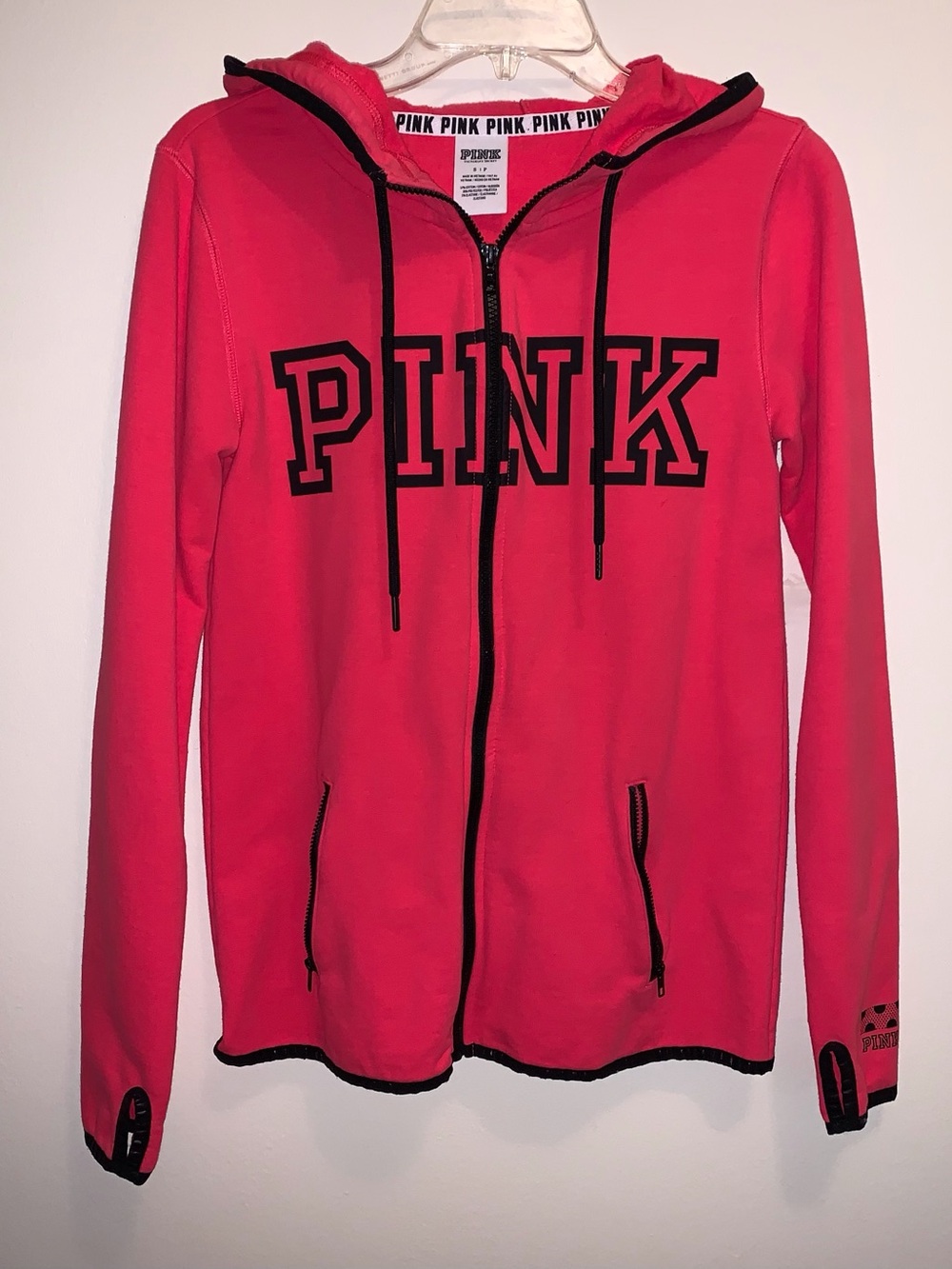 PINK Victoria's Secret Hot Pink Zip Hoodie with Black Trim